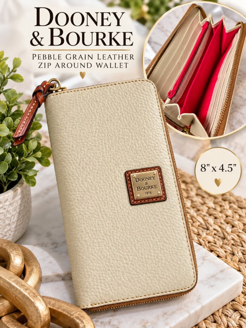Dooney & Bourke Pebble Grain Wallet Bone Cream Leather Large Zip Around Large